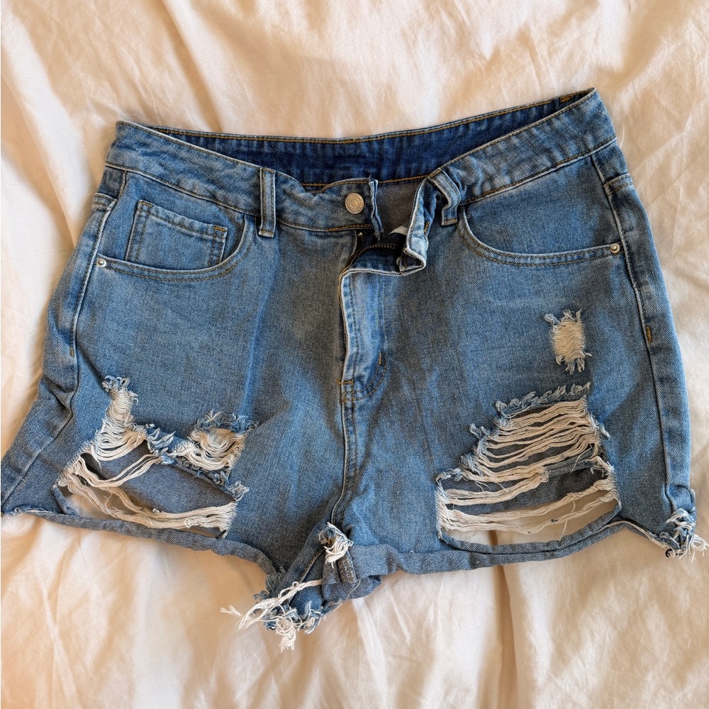 SHEIN Light Blue High-Rise Distressed Denim Shorts